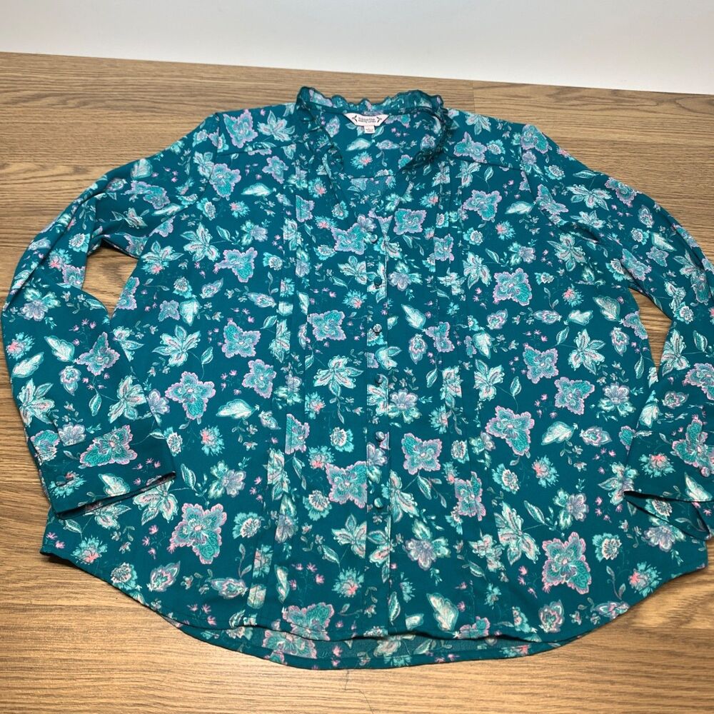 Nanette Lepore Shirt Blouse Womens Large Blue Floral Button Up Ruffles Pintuck
